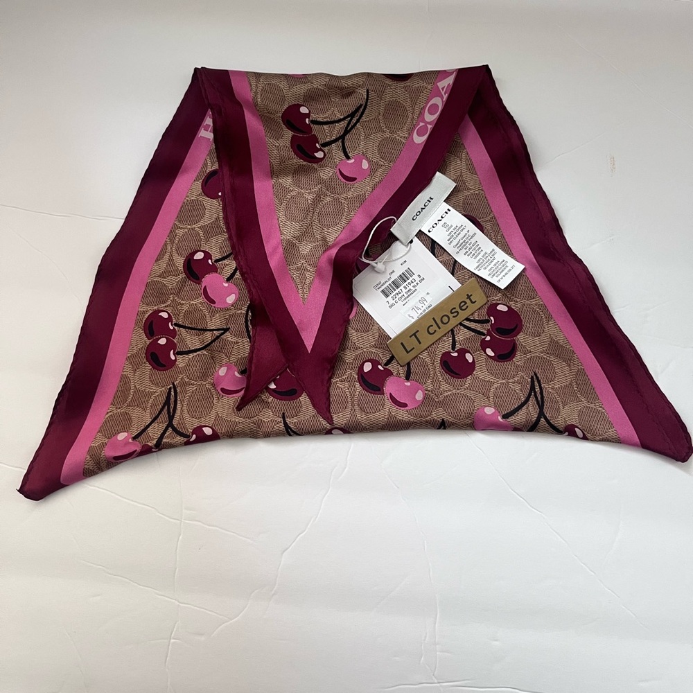 New Coach Signature Cherry Swirl Print Silk Diamond Scarf - Picture 5 of 5